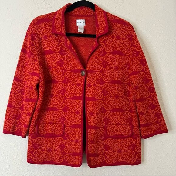 Chico's Wool Blend Knit Blazer Printed Cardigan Size 1 - Picture 2 of 5